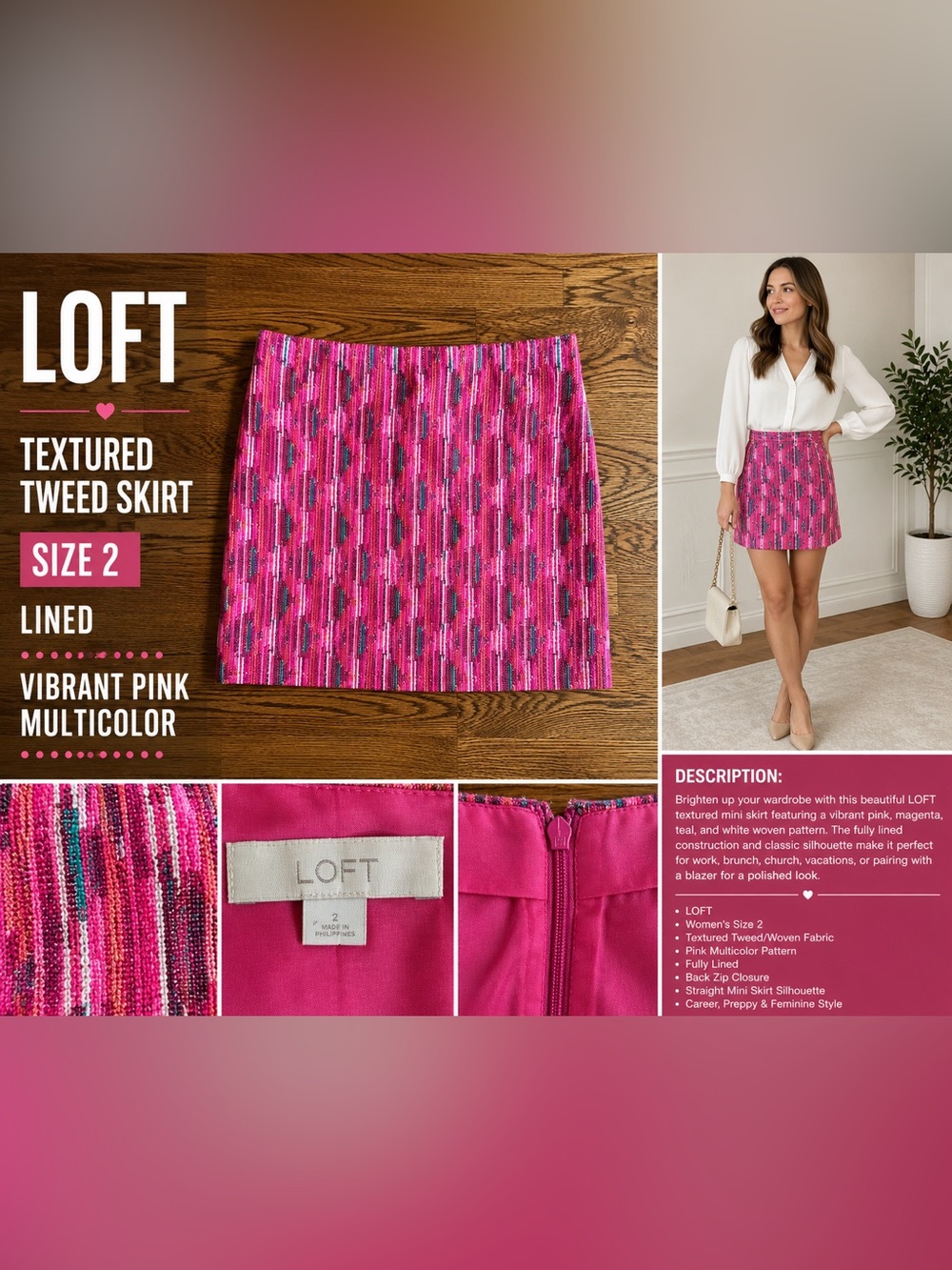 LOFT Pink Multicolor Textured Mini Skirt
